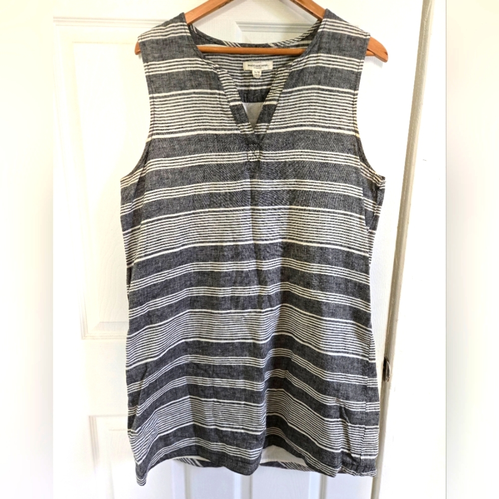 Grey and White Striped Sleeveless Cotton Dress s L